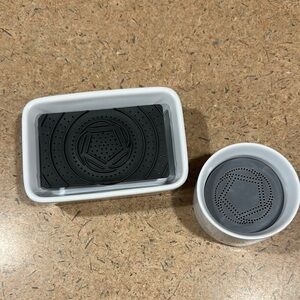 Full Circle Brand White and Grey Ceramic Sponge & Brush Holders for Kitchen